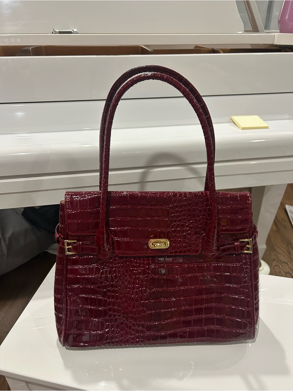 Muska Structured Croc-Embossed Leather Tote in Deep Burgundy
